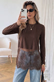 Sheer Lace Hem Long Sleeve Crew Neck Top