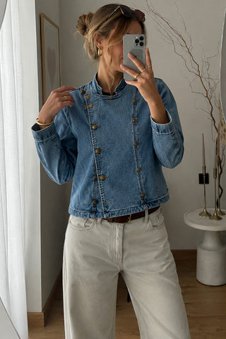 Double-Breasted Collarless Denim Jacket
