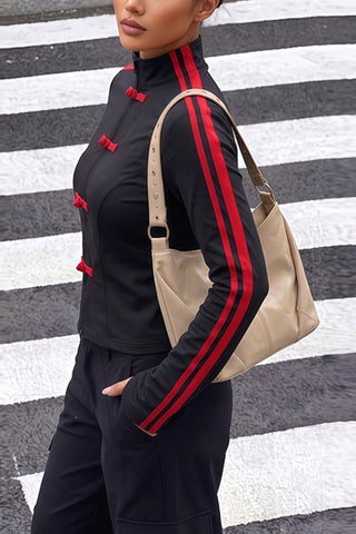 Striped Sleeve Frog Closure Zip Jacket