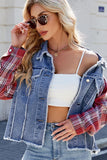 Plaid Sleeve Frayed Denim Jacket