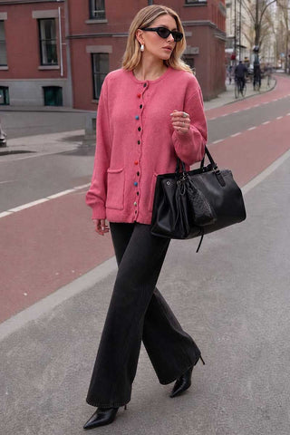 Colorful Button Crew Neck Knit Cardigan