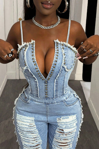 Distressed Wide-Leg Denim Jumpsuit
