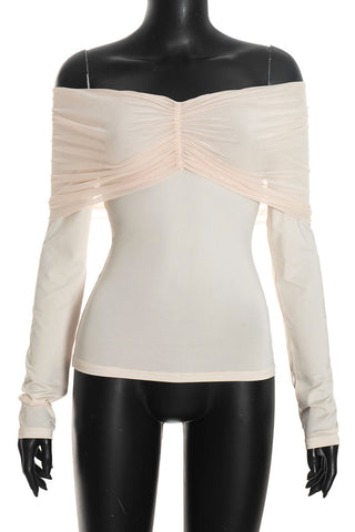 Sheer Ruched Off-Shoulder Long Sleeve Blouse
