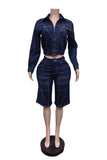 Zip-Front Collared Denim Short Set