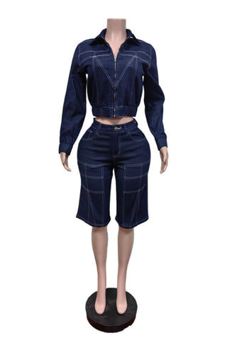 Zip-Front Collared Denim Short Set