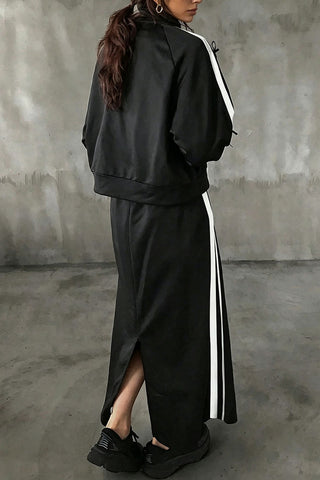 Striped Mock Neck Crop Top and Maxi Skirt Set
