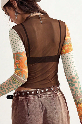 Sheer Mesh Floral Patchwork Mock Neck Top