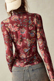 Floral Mock Neck Sheer Long Sleeve Top