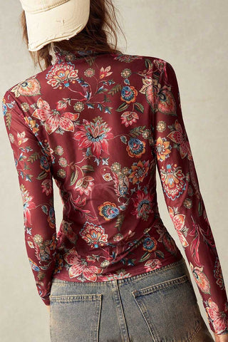 Floral Mock Neck Sheer Long Sleeve Top