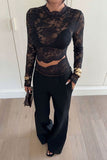 Sheer Floral Lace Mock Neck Long Sleeve Blouse