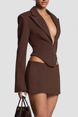 V-Neck Hook-Front Blazer Skirt Set