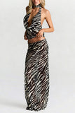 Zebra Halter Cutout Maxi Skirt Set