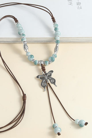 Butterfly Charm Beaded Tassel Necklace