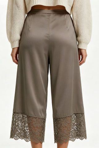 Lace Insert Drawstring Wide-Leg Casual Pants