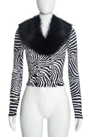 Faux Fur Collar Zebra Print Long Sleeve Top