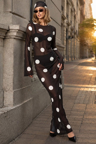 Sheer Polka Dot Bell Sleeve Maxi Dress