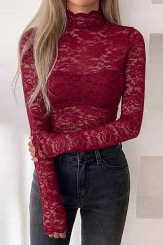 Floral Lace Mock Neck Long Sleeve Blouse