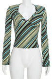 Striped V-Neck Wrap Bell Sleeve Blouse