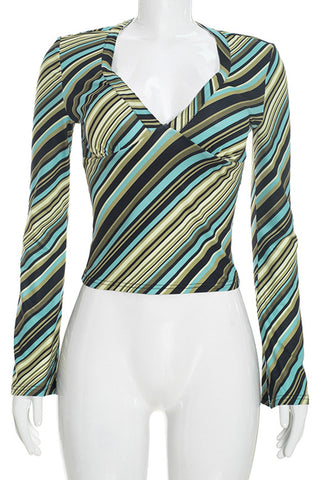 Striped V-Neck Wrap Bell Sleeve Blouse