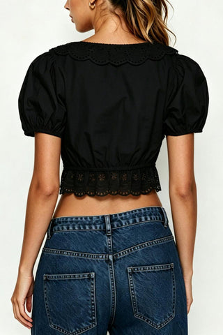 Tie-Front Puff-Sleeve Crop Top