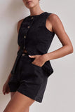 Button-Front Denim Top and Shorts Set
