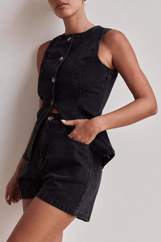 Button-Front Denim Top and Shorts Set