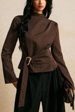 Striped Mock Neck Belted Blouse