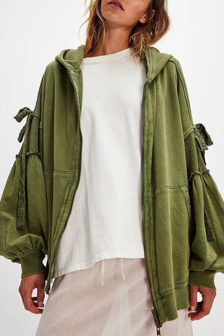 Tie-Sleeve Puff Zip-Up Hoodie