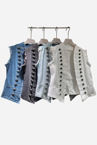 Button-Embellished Sleeveless Denim Jacket