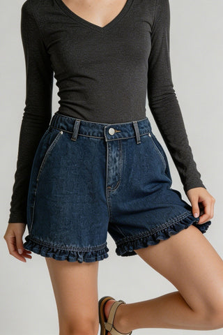 Ruffle-Hem High-Waist Denim Shorts