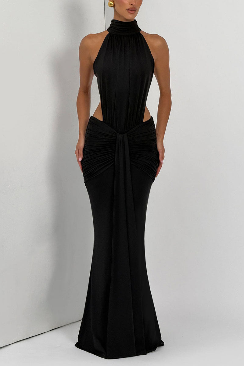 Ruched High-Neck Bodycon Maxi Dress