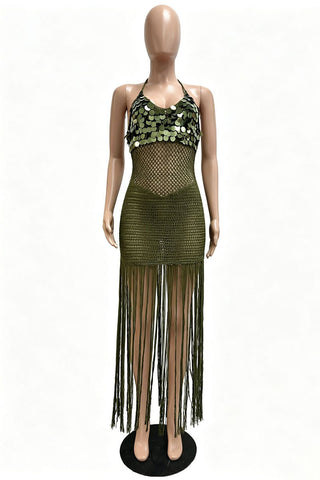 Sequin Halter Fringe Bodycon Vacation Dress