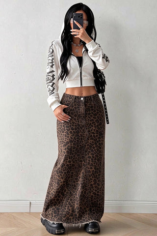 Leopard Print High-Waist Maxi Denim Skirt