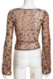 Sheer Leopard Print V-Neck Long Sleeve Top