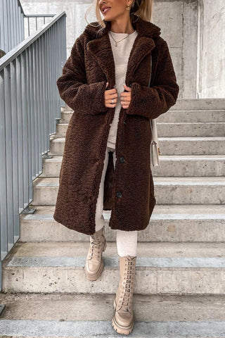 Faux Fur Collar Button-Front Long Coat