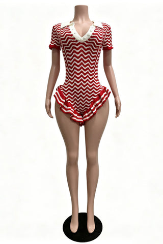 Chevron Knit Collared Ruffle Romper