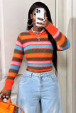 Striped Ribbed Knit Crew Neck Crop Sweater