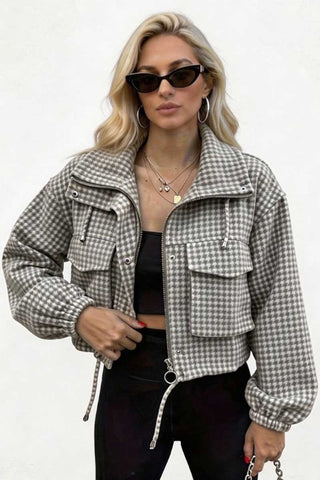 Houndstooth Zip-Up Crop Jacket