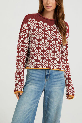Floral Knit Crew Neck Crop Sweater
