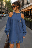 Cold Shoulder Mock Neck Grommet Denim Dress