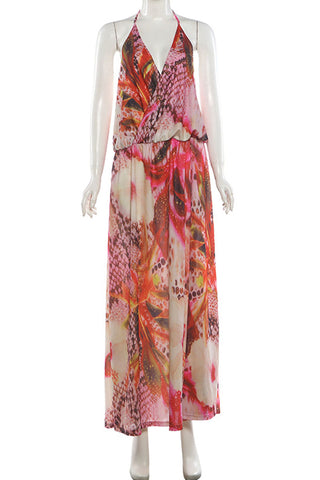 Abstract Print Halter Maxi Dress
