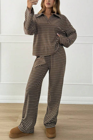 Striped Long Sleeve Collared Loungewear Set