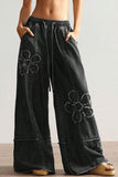 Floral Applique Drawstring Wide Leg Baggy Jeans