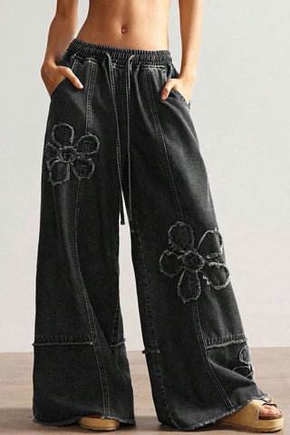 Floral Applique Drawstring Wide Leg Baggy Jeans