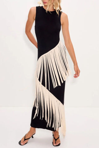 Fringe Asymmetric Sleeveless Midi Dress