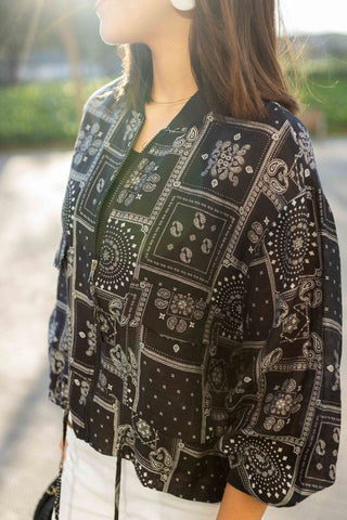 Zip-Up Paisley Drawstring Shirt