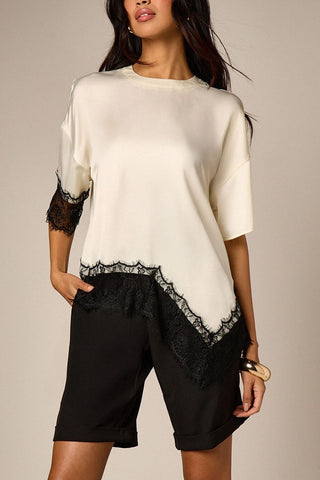 Satin Crew Neck Lace Trim T-Shirt