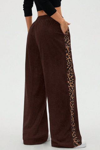 Leopard Print Side Stripe Wide Leg Casual Pants