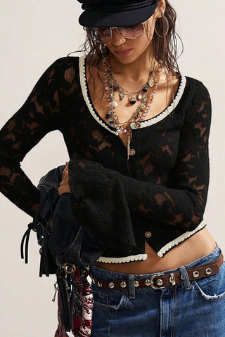 Lace Ruffle Sleeve Button-Front Blouse