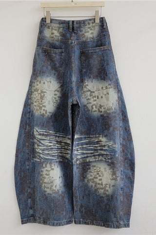 Distressed Patterned Wide-Leg Baggy Jeans